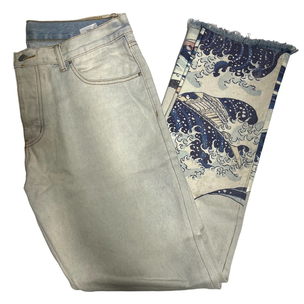 MNML Light Wash Blue Jeans with Nautical Wave Print Panel